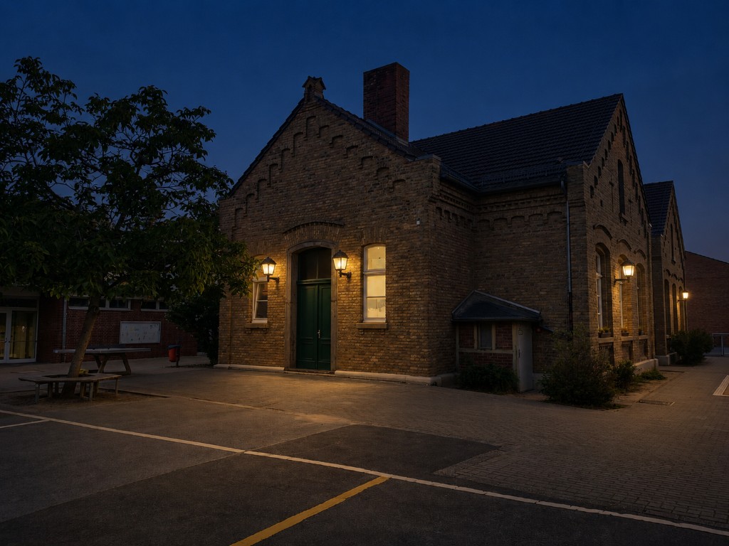Katholische Grundschule Niederkassel – Schulhof und Schulgebäude bei Nacht (Catholic primary school Niederkassel – schoolyard and building at night)
